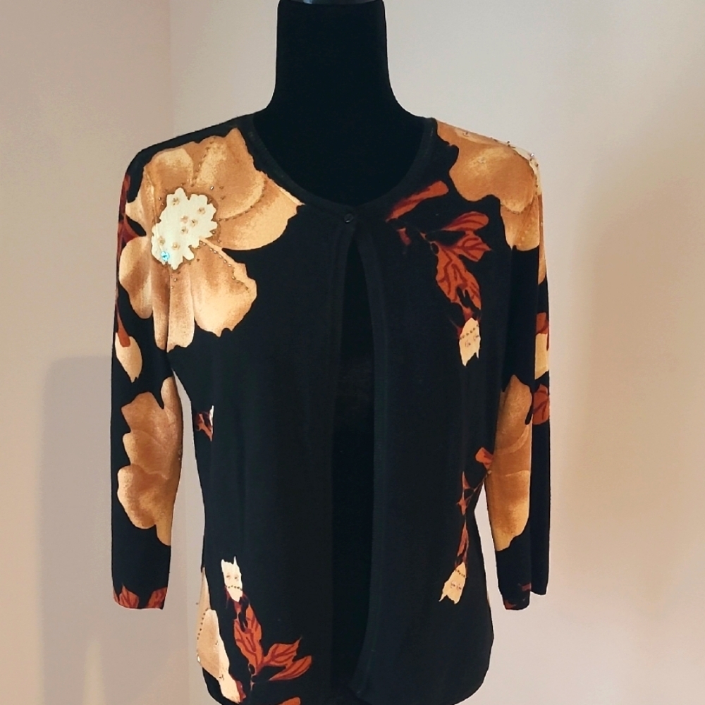 Cache Floral Black Cardigan Size L
